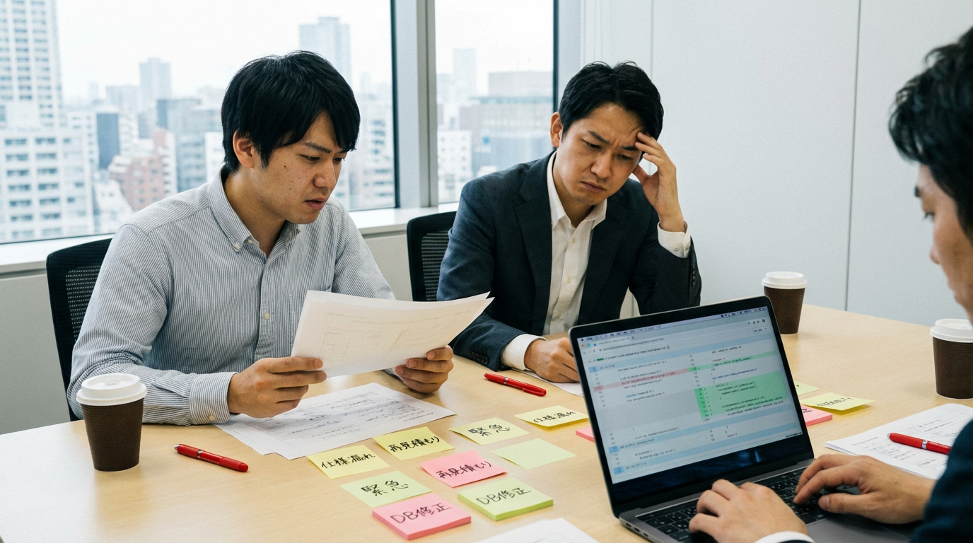 開発終盤で仕様漏れが発覚した会議のイメージ
